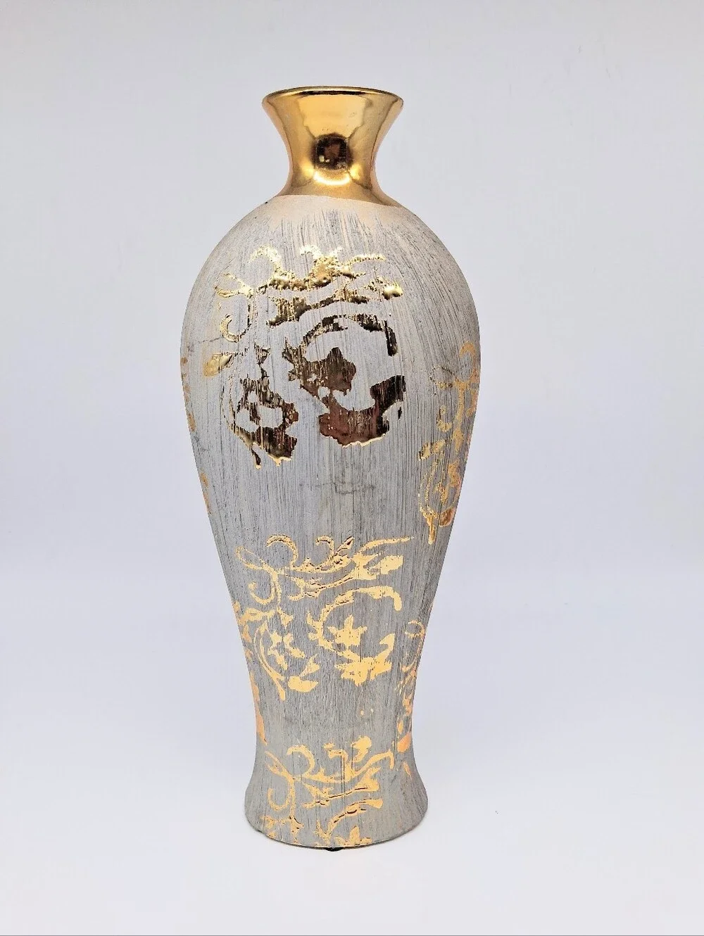 Gray And Gold Textured Ceramic Artistic Bottle Shape Vase 13 in. H